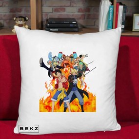 Perna Personalizata One Piece Echipa Straw Hat in Flacari, 40x40 cm, Alb Pufos, Husa Detasabila, Perna Inclusa, BEKZ®