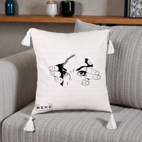 Perna Decorativa Ochi care Rup Suprafata, 40x40 cm, Bej cu Franjuri, Husa Detasabila, Perna Inclusa, BEKZ®