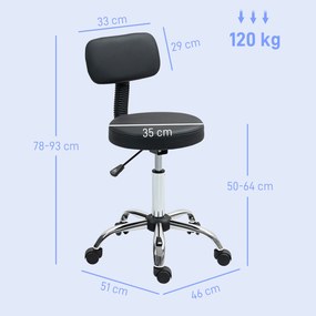 HOMCOM Taburet cu Roți, Rotativ 360°, Reglabil pe Înălțime, Piele Ecologică, Metal, 46x51x78-93 cm, Negru | Aosom Romania
