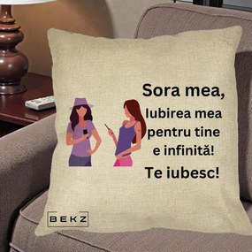 Cadou pentru Sora - Perna Personalizata Sora Mea Te Iubesc Doua Fete cu Telefoane, 40x40 cm, Crem, Husa Detasabila, Perna Inclusa, BEKZ®