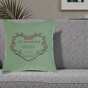 Cadou pentru Mama - Perna Personalizata Esti Cea mai Buna Mama din Lume La Multi Ani cu Inima Florala, 40x40 cm, Verde, Husa Detasabila, Perna Inclusa, BEKZ®