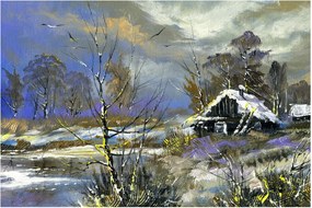 Tablou -Cabane într-un peisaj de iarnă, pictură în ulei (90x60 cm)