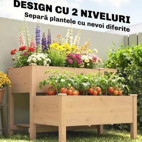 Outsunny Jardinieră Înălțată pe 2 Niveluri cu Rafturi Laterale și Inferior, Fabricată din Lemn de Brad cu Căptușeală și Orificii de Drenare, pentru Flori și Legume, 119,5x102x76,5cm, Maro Deschis | Aosom Romania