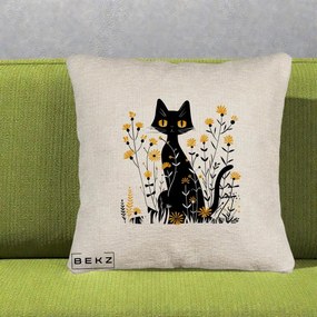 Perna Decorativa Pisica Neagra Ochi Galbeni Flori Galbene, 40x40 cm, Bej Canapea, Husa Detasabila, Perna Inclusa, BEKZ®