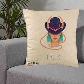 Perna Personalizata Zodie Taur, 40x40 cm, Bej, Husa Detasabila, Perna Inclusa, BEKZ®