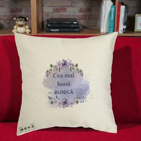 Cadou pentru Bunica - Perna Personalizata Cea Mai Buna Bunica Flori Mov Acuarela Negru, 40x40 cm, Ecru, Husa Detasabila, Perna Inclusa, BEKZ®