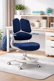 ErgoMotion Junior – Scaun Ergonomic pentru copii, Reglaje Multiple, Ajustare Personalizată, Adaptabil pe măsura creșterii, Suport Lombar 3 Zone, Roți Blocabile, Bleumarin