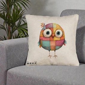 Perna Decorativa Pasare Patchwork Colorata, 40x40 cm, Bej Canapea, Husa Detasabila, Perna Inclusa, BEKZ®