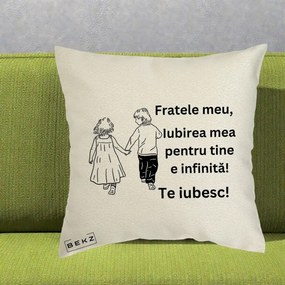 Cadou pentru Frate - Perna Personalizata Fratele Meu Te Iubesc Copii Tinand Maini Varianta 2, 40x40 cm, Ecru, Husa Detasabila, Perna Inclusa, BEKZ®