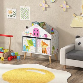 Mobilier pentru copii tip căsuță, cu rafturi și cutii de depozitare