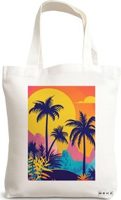 Sacosa de Panza pentru Cumparaturi, Geanta Tote, model Tropical Sunset 38 x 34.5 cm, Alba, BEKZ®