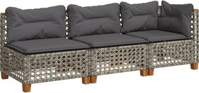 vidaXL Canapea de grădină cu perne, cu 3 locuri, gri, poliratan