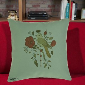 Perna Decorativa Pasare pe Ramura cu Maci, 40x40 cm, Verde, Husa Detasabila, Perna Inclusa, BEKZ®