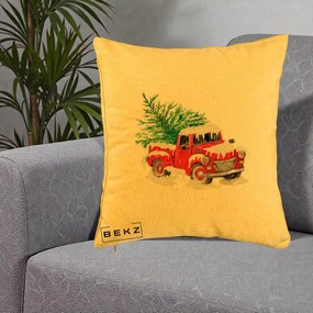 Perna Decorativa Camioneta Rosie Brad de Craciun, 40x40 cm, Galben, Husa Detasabila, Perna Inclusa, BEKZ®