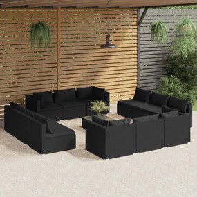 Set mobilier de gradina cu perne, 13 piese, negru, poliratan Negru, 4x colt + 8x mijloc + masa, 1
