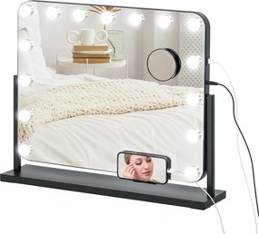 HOMCOM Oglindă cosmetică cu LED-uri, 3 moduri de lumină, reglabilă, control tactil, USB, 62,5x49,5 cm, negru | Aosom Romania