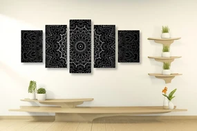 Tablou 5-piese Mandala vintage în stil indian în design alb-negru