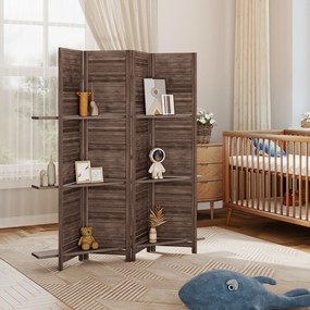 HOMCOM Paravan interior din lemn 4 panouri 160 x 170 cm, separator de cameră pliabil cu 3 rafturi, nuc | Aosom Romania