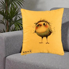 Perna Decorativa Pasare cu Penaj Zbarlit si Gene, 40x40 cm, Galben, Husa Detasabila, Perna Inclusa, BEKZ®