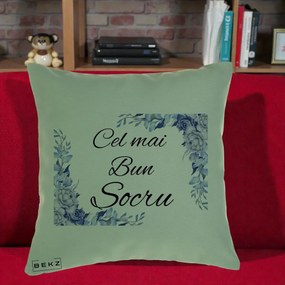 Cadou pentru Socru - Perna Personalizata Cel mai Bun Socru cu Flori Albastre Acuarela, 40x40 cm, Verde, Husa Detasabila, Perna Inclusa, BEKZ®