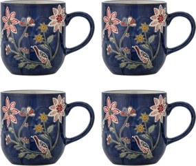 Set 4 căni din ceramică albastră cu păsări și motive florale pictate manual, 455 ml, 9,5×10,5 cm, „Meredith"