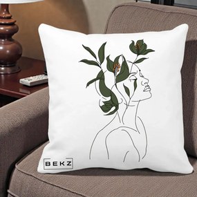 Perna Decorativa Portret Feminin Crin Verde, 40x40 cm, Alba Mata, Husa Detasabila, Perna Inclusa, BEKZ®