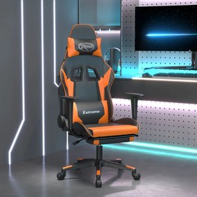 Scaun de gaming cu suport picioare, negru oranj, piele eco