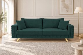 Canapea extensibilă Rosalia din stofă, verde, picioare aurii, cu ladă de depozitare