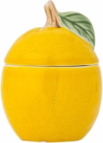 Borcan din ceramică cu capac, galben, formă de lămâie cu frunză și codiță, decorat parțial manual, 12 x 9 cm, „Limone”