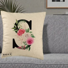 Cadou Personalizat - Perna Personalizata Monograma Florala Litera S, 40x40 cm, Bej, Husa Detasabila, Perna Inclusa, BEKZ®