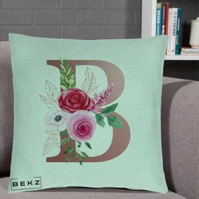 Cadou Personalizat - Perna Personalizata Monograma Rose Gold Litera B, 40x40 cm, Verde Menta, Husa Detasabila, Perna Inclusa, BEKZ®