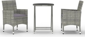 vidaXL Set mobilier bistro grădină, 3 piese, gri, poliratan și sticlă
