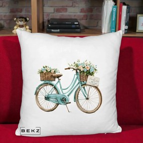 Perna Decorativa Bicicleta Teal cu Cosuri Duble de Flori Vintage, 40x40 cm, Alb Pufos, Husa Detasabila, Perna Inclusa, BEKZ®