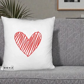 Perna Decorativa Inima Rosie Desen Manual, 40x40 cm, Alb Pufos, Husa Detasabila, Perna Inclusa, BEKZ®