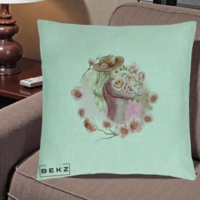 Perna Decorativa Femeie cu Flori Roz Acuarela, 40x40 cm, Verde Menta, Husa Detasabila, Perna Inclusa, BEKZ®