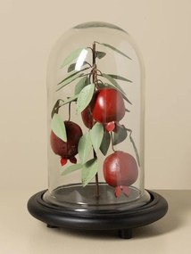 Cupolă decorativă din sticlă, pom din metal cu rodii și frunze pictate, bordo și verde, bază din lemn de mango, finisaj mat, 32 x 23 cm, „Grenadine”