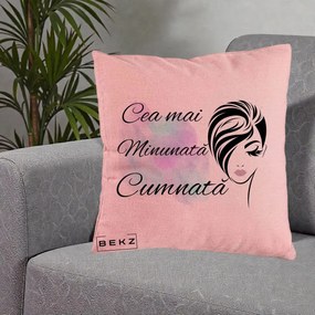 Cadou pentru Cumnata - Perna Personalizata Cea mai Minunata Cumnata cu Silueta Dama si Pete Multicolor, 40x40 cm, Roz, Husa Detasabila, Perna Inclusa, BEKZ®