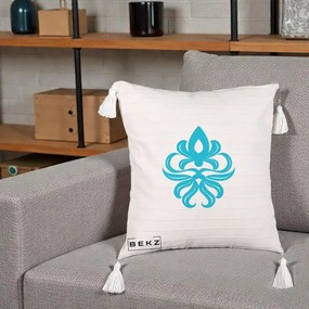 Perna Decorativa Ornament Turcoaz Fleur de Lis, 40x40 cm, Bej cu Franjuri, Husa Detasabila, Perna Inclusa, BEKZ®