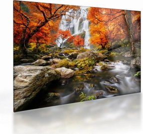 Tablou pe sticlă - Cascade în peisaj de toamnă, portocaliu (70x50 cm)