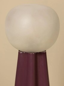 Lampă de masă din sticlă mov, cu abajur în formă de glob alb mat și bază sculptată în relief, 33×17 cm, „Cannelé"