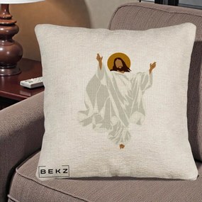 Perna Decorativa Iisus Hristos Invierea Silueta Minimalista, 40x40 cm, Bej Canapea, Husa Detasabila, Perna Inclusa, BEKZ®