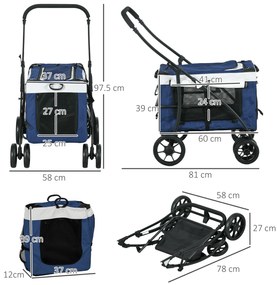 Cărucior pentru câini și pisici PawHut, pliabil, cu container detasabil, 81 x 58 x 97,5 cm, Negru + Albastru + Alb | Aosom Romania