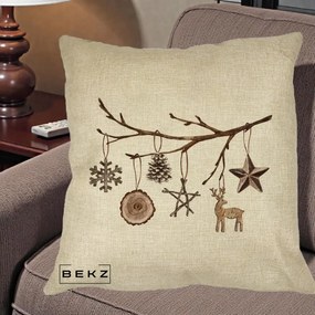 Perna Decorativa Ornamente de Lemn pe Ramura, 40x40 cm, Crem, Husa Detasabila, Perna Inclusa, BEKZ®
