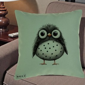 Perna Decorativa Bufnita Neagra cu Buline Albe, 40x40 cm, Verde, Husa Detasabila, Perna Inclusa, BEKZ®