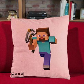Perna Personalizata Minecraft Steve, 40x40 cm, Roz, Husa Detasabila, Perna Inclusa, BEKZ®