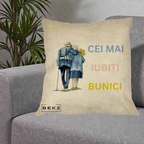 Cadou pentru Bunici - Perna Personalizata Cei Mai Iubiti Bunici Acuarela Spate, 40x40 cm, Crem, Husa Detasabila, Perna Inclusa, BEKZ®