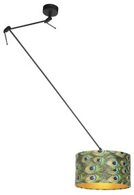 Lampă suspendată neagră cu abajur din catifea cu imprimeu de păun cu auriu 35 cm - Blitz