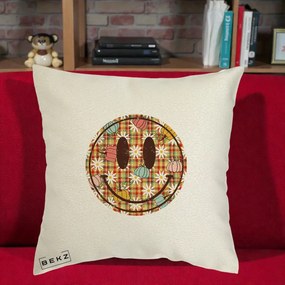 Perna Decorativa Smiley Face de Toamna cu Tartan si Dovlecei, 40x40 cm, Ecru, Husa Detasabila, Perna Inclusa, BEKZ®
