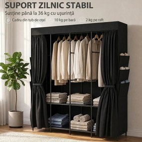HOMCOM Garderobă Textilă cu 3 Bare și 3 Rafturi, Oțel și Material Netesut, 130 x 45 x 167 Cm, Negru | Aosom Romania