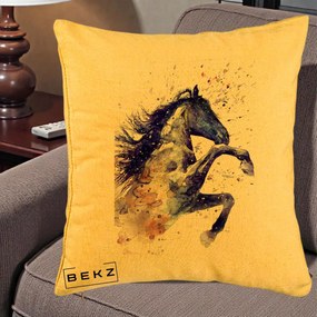 Perna Decorativa Cal Albastru Acuarela, 40x40 cm, Galben, Husa Detasabila, Perna Inclusa, BEKZ®